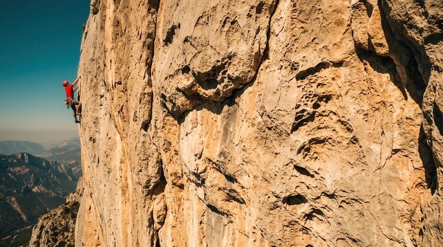 Rock climber scaling a vertical limestone cliff wall capturing extreme sport adventure and determination, a visual metaphor for business challenge and goal achievement in nature.