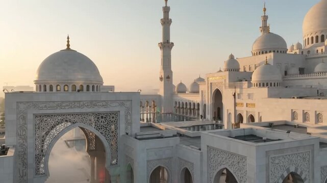 sheikh zayed grand mosque in abu dhabi aerial view during sunrise with fog   