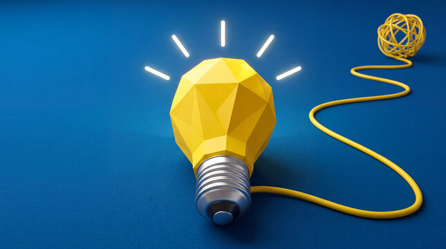 Conceptual 3D low poly glowing yellow light bulb connected to a tangled wire on a blue background, representing the process of creative thinking, simplification of complex ideas and brainstorming.