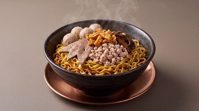 Steaming bowl of bak chor mee noodles with minced pork liver