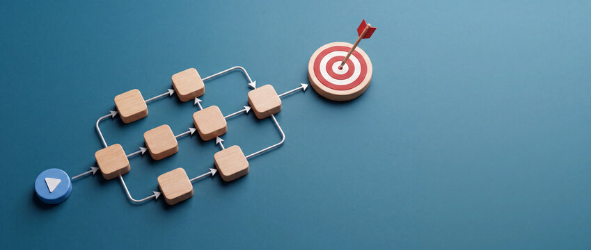 Business strategy workflow concept with wooden blocks representing steps in a process flow leading from a start button to a bullseye target on a blue background, symbolizing goal achievement.