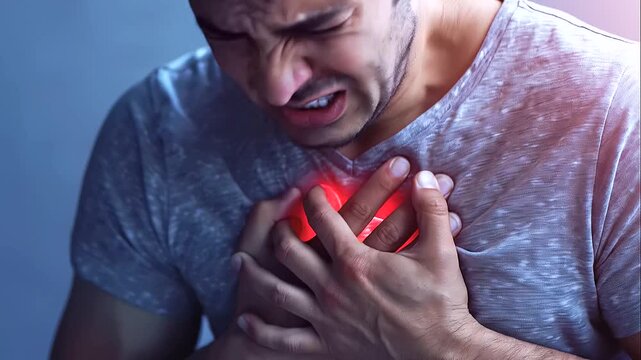 Chest pain or heart attack concept, man holding his chest in pain, cardiovascular disease awareness, heart health emergency, medical symptoms, cardiac condition, coronary artery disease, healthcare an