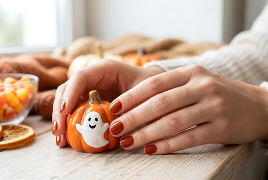 Cozy woman hands with Halloween manicure holding a cute ghost pumpkin, beautiful Halloween manicure for October season, festive and aesthetic Halloween manicure with autumn decor