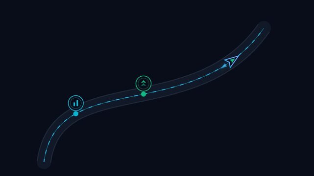 Dynamic animated navigation route with progress markers and destination starburst, symbolizing goal achievement, journey, and strategic planning, motion graphics visualization