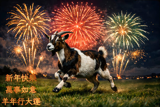Happy Chinese New Year. Year of the goat. Greeting card and poster design. Firework background.