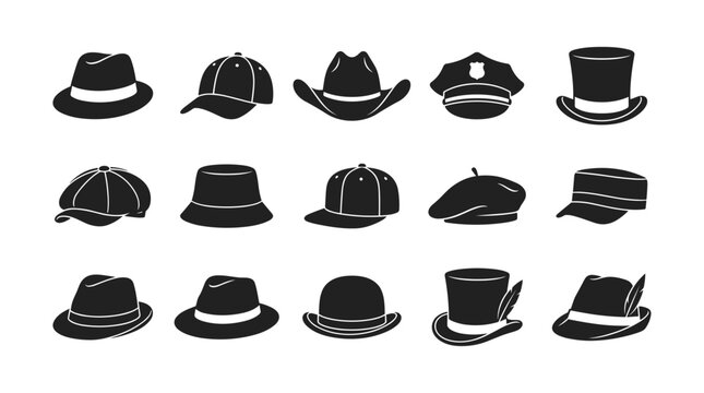 Assorted Headwear Silhouettes: A collection of various hat styles in silhouette, showcasing diverse headwear options from fedoras and caps to cowboy hats and berets.