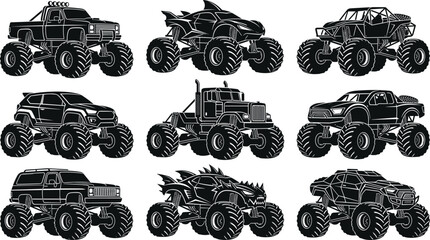 Monster Trucks Set, Diverse Vehicle Designs with Large Tires © REJUN