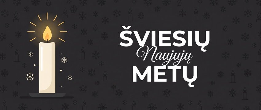 Lithuanian New Year candle greeting banner background with glowing flame and snowflakes, Sviesiu Naujuju Metu typography for festive holiday season celebration horizontal vector graphic design templat