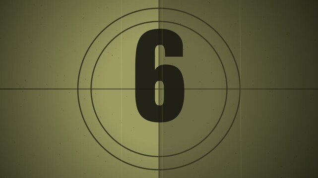 Vintage film countdown timer showing numbers 10, 5, and 0 in sequence with sepia tone and film grain effect