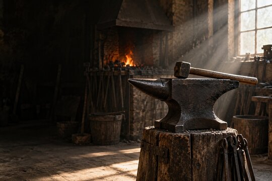 Old iron anvil with hammer on wooden stump in dark blacksmith forge with sunbeams of window, glowing fire