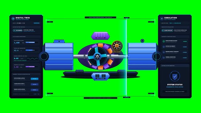 Premium 2.5D digital twin industrial machine motion graphics animation on solid chroma green background. 