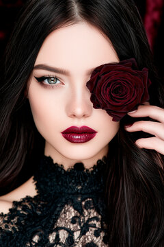 Gothic Romantic Beauty Portrait of Woman with Burgundy Lips and Dark Red Rose