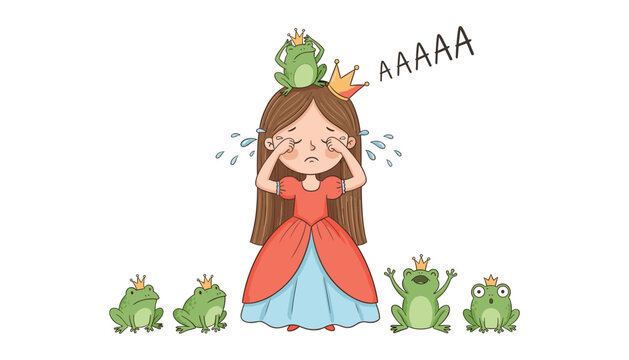 Cute cartoon crying princess character with frog princes on her head and ground vector illustration isolated on white background