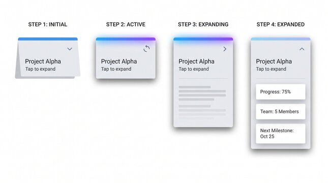 User Interface Design Workflow Showing Card Expansion Animation Sequence for Project Management Application