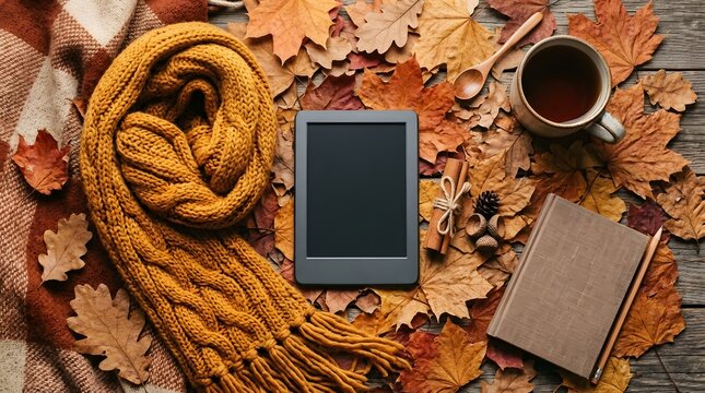 Cozy autumn flat lay featuring digital tablet mockup surrounded by vibrant fall leaves warm yellow knitted scarf and steaming tea cup