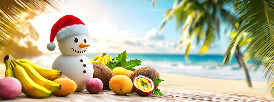 A snowman holding a pile of fruit on a tropical beach against a backdrop of the ocean and sunny sky
