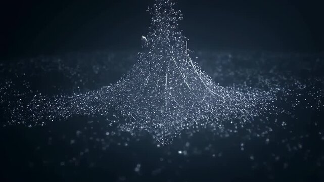 60 FPS Silver particle swarm forms reflective low poly pyramid on dark glossy surface