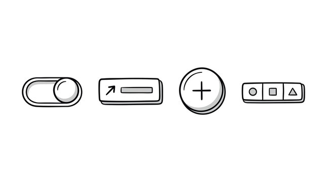 Drawn interface elements including toggle switches plus command buttons and navigation controls for digital applications providing functionality for user experiences across various mobile device