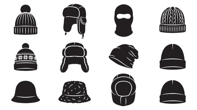 Minimalist Winter Hat Silhouettes Set, Black silhouette headwear vectors, Beanie and ushanka cap collection, Seasonal cold weather apparel symbols, trapper, bucket, fur, mask, ski, snowboard, outdoor.