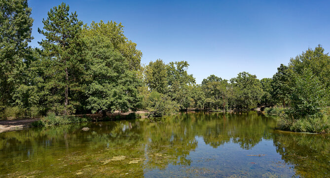 vue d'un lac en &eacute;t&eacute; sous un beau ciel bleu