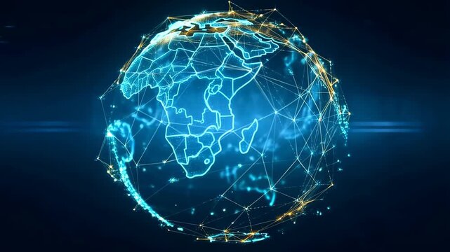 60 FPS Rotating digital Earth hologram with glowing network connections and data nodes on dark blue