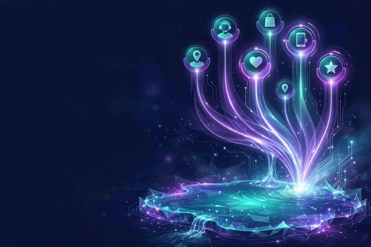 Customer data platform illustration with glowing user profiles merging into unified data lake on dark navy background with copy space