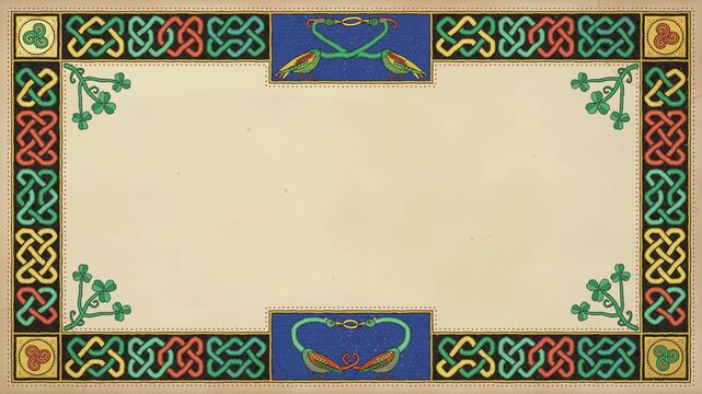 Celtic knotwork frame with gold leaf, spirals and shamrocks on aged parchment, illuminated manuscript St Patrick&rsquo;s Day background, seamless loop