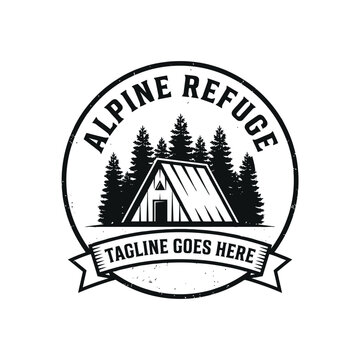 Elegant cabin house with pine trees forest for camping adventure badge nature travel mountain outdoor wilderness logo design
