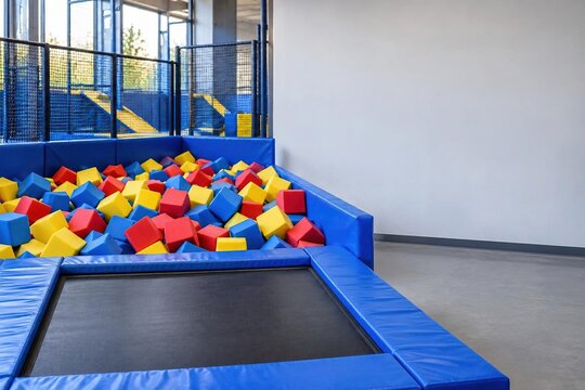 Empty indoor trampoline park with foam pit full of colorful foam cubes, blue padded mats, copy space