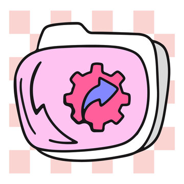 Pink folder icon featuring a mechanical gear symbol with a central blue arrow for data management concepts representing digital organization workflows and software configuration settings for
