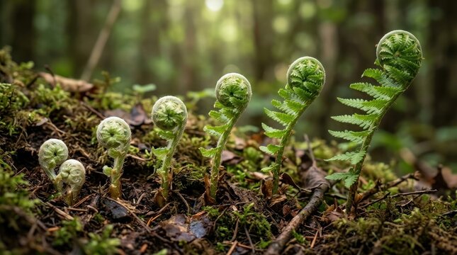 New green fern fiddleheads emerging from forest floor.