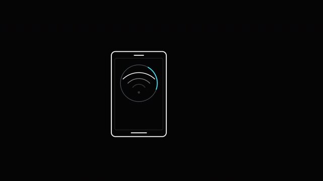 Minimal smartphone line art displays a static Wi-Fi symbol surrounded by a rotating cyan buffering indicator on black.