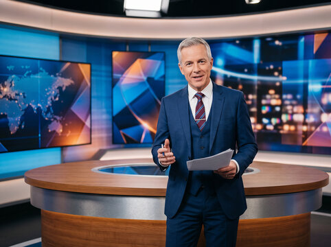 Male television presenter reporting breaking news from a broadcast studio, speaking to the camera with a large digital news display in the background, with copy space.