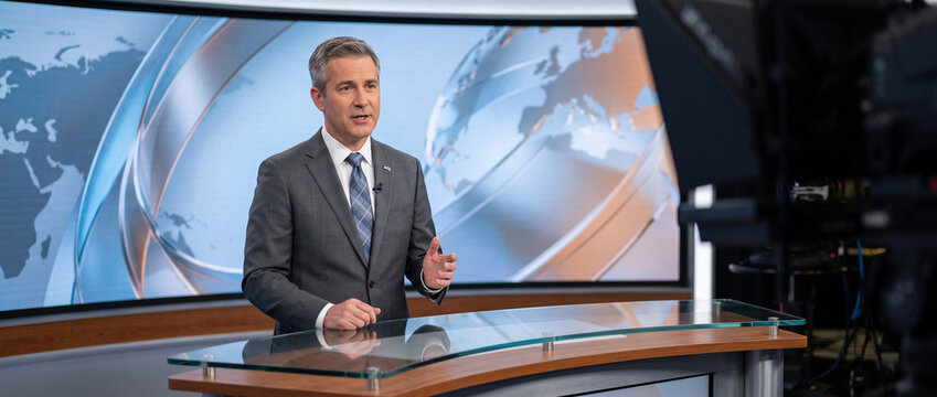 Professional male news anchor delivering a live news broadcast in a modern television studio, presenting current events with digital screens and newsroom graphics, with copy space.