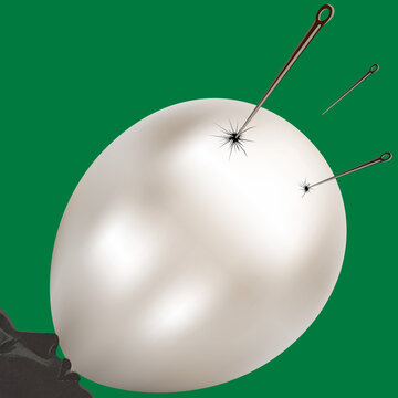 Minimalistyczna ilustracja konceptualna igieł przebijających nadmuchany balon, metafora kruchego ego i pękającej iluzji