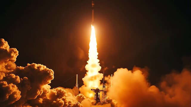 Nighttime rocket launch, space exploration mission, powerful rocket taking off with glowing launch plume, dark night sky, aerospace technology, spacecraft, orbital mission and space exploratio
