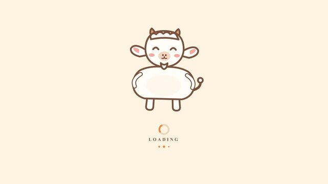 Cute cartoon cow character illustration with a minimalist style and loading text.