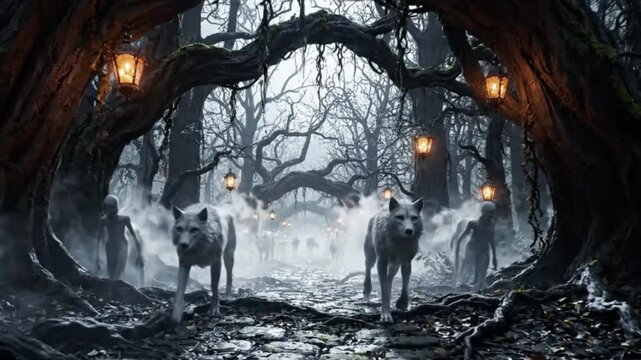Mysterious Forest Guardians: Two majestic wolves emerge from the mist-shrouded, ancient forest, guided by ethereal lanterns hanging from gnarled, moss-covered branches.