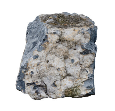 Rock boulder isolated on white background, large natural stone with rough gray and white texture, weathered cracks and mineral patterns for landscape design, geology, nature and 3D environment art.