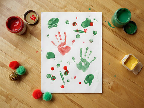 White paper with red and green handprints, surrounded by paint jars and colorful pom-poms on a light wooden table, top-down view of craft project