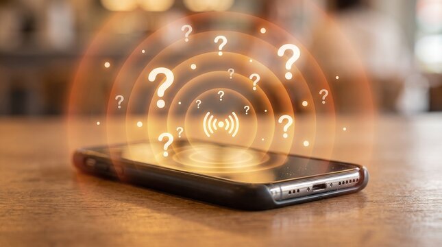 Confusion Emanating from a Smartphone: A smartphone sits on a wooden surface, emitting concentric circles of light and question marks, symbolizing confusion or unanswered questions.
