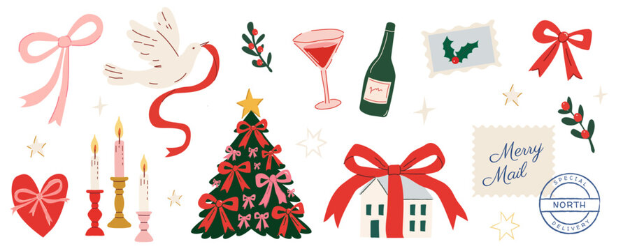 Hand drawn Christmas clipart set holiday vector elements. Hand-drawn coquette retro festive illustration collection. Xmas tree with bows, dove, wine glass, bottle, candles, heart and house for holiday