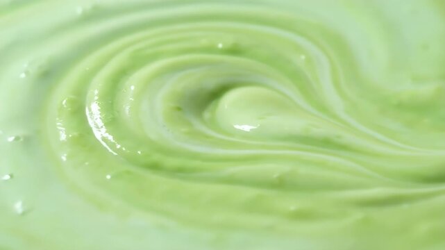 Texture of smooth and creamy light green organic cream or sauce in a circular swirl pattern for skincare or food background