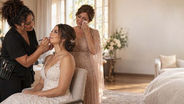 Hispanic makeup artist applying lip liner to bride while emotional mother wipes tears in bright bridal suite, wedding morning