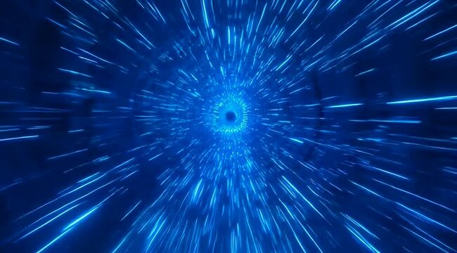Hyperspace tunnel travel through bright blue light beam vortex moving fast in futuristic interstellar sci fi galaxy space background