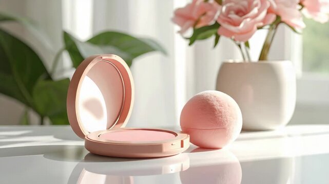 Elegant makeup compact and fluffy puff on a reflective surface
