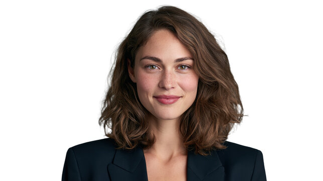Portrait of a young woman with wavy brown hair and freckles wearing a dark blazer, isolated on transparent background