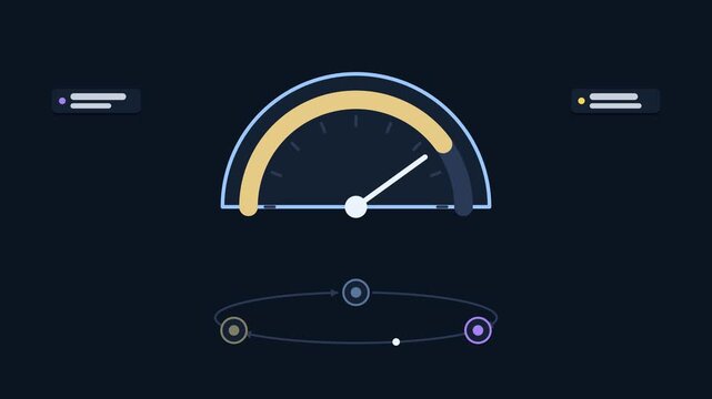 Seamless 4K looping animation explaining internet speed test, with the diagram measuring bandwidth. Flat vector shapes, glowing blue and azure connector lines and dark UI cards with blank text placeho