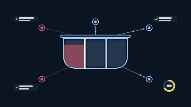 Animated bulkhead isolation concept in a modern dark mode style, containing compartment failures in a smooth 4K seamless loop. Neon blue and azure accents, flowing dots and placeholder interface cards