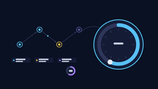 Seamless 4K looping animation explaining session token lifetime, with the diagram renewing automatically. Flat vector shapes, glowing blue and azure connector lines and dark UI cards with blank text p